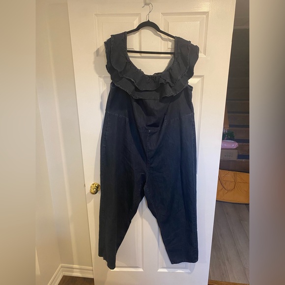 Ashley Stewart Plus Ruffle Off-Shoulder Sleeve Denim Jumpsuit Size 26 - Picture 11 of 11